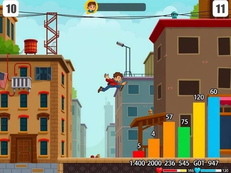 Gully Gang Jump gameplay screenshot showing character jumping between buildings